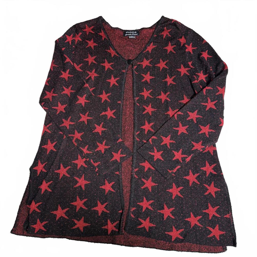 VTG Brenda French Rayon Black/Red Stars Long Open‎ front 1 button Cardigan. SZ L